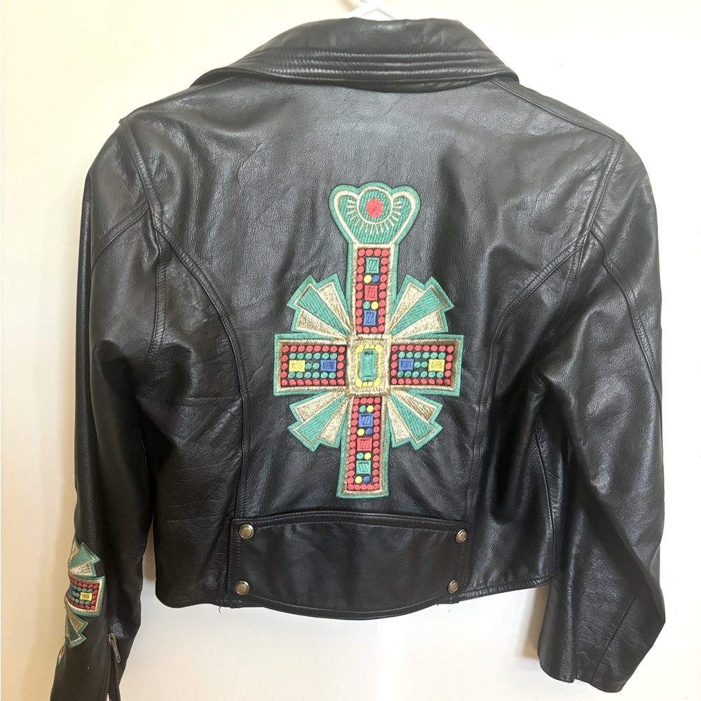 Vintage Embroidered Black Leather Jacket